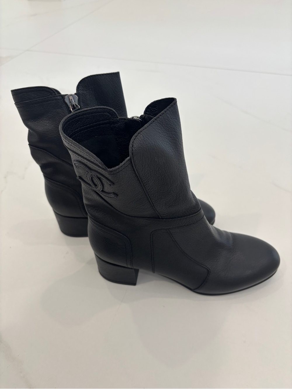 CHANEL Black Leather Mid-Calf Block Heel Boots